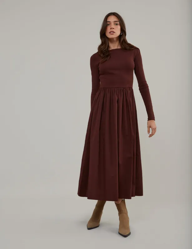 Brown Long Sleeve A-Line Penni Midi Dress sold by Nobody's Child