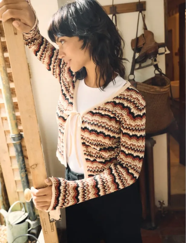 Brown Mock-Crochet Tie Front Cardigan sold by Nobody's Child