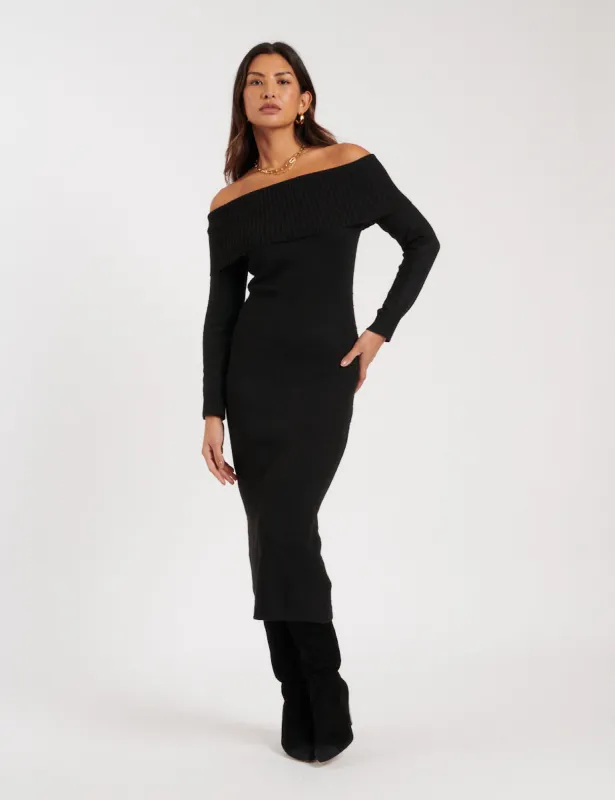 Black Bardot Knitted Midi Dress sold by Nobody's Child