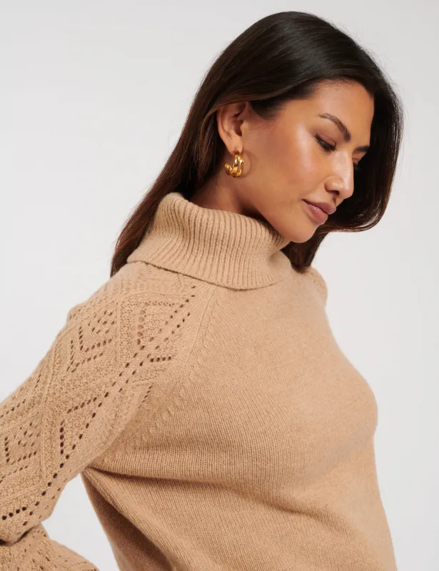 Camel Roll Neck Pointelle Knitted Jumper sold by Nobody's Child