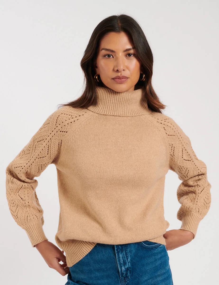 Camel Roll Neck Pointelle Knitted Jumper sold by Nobody's Child product image thumbnail 3