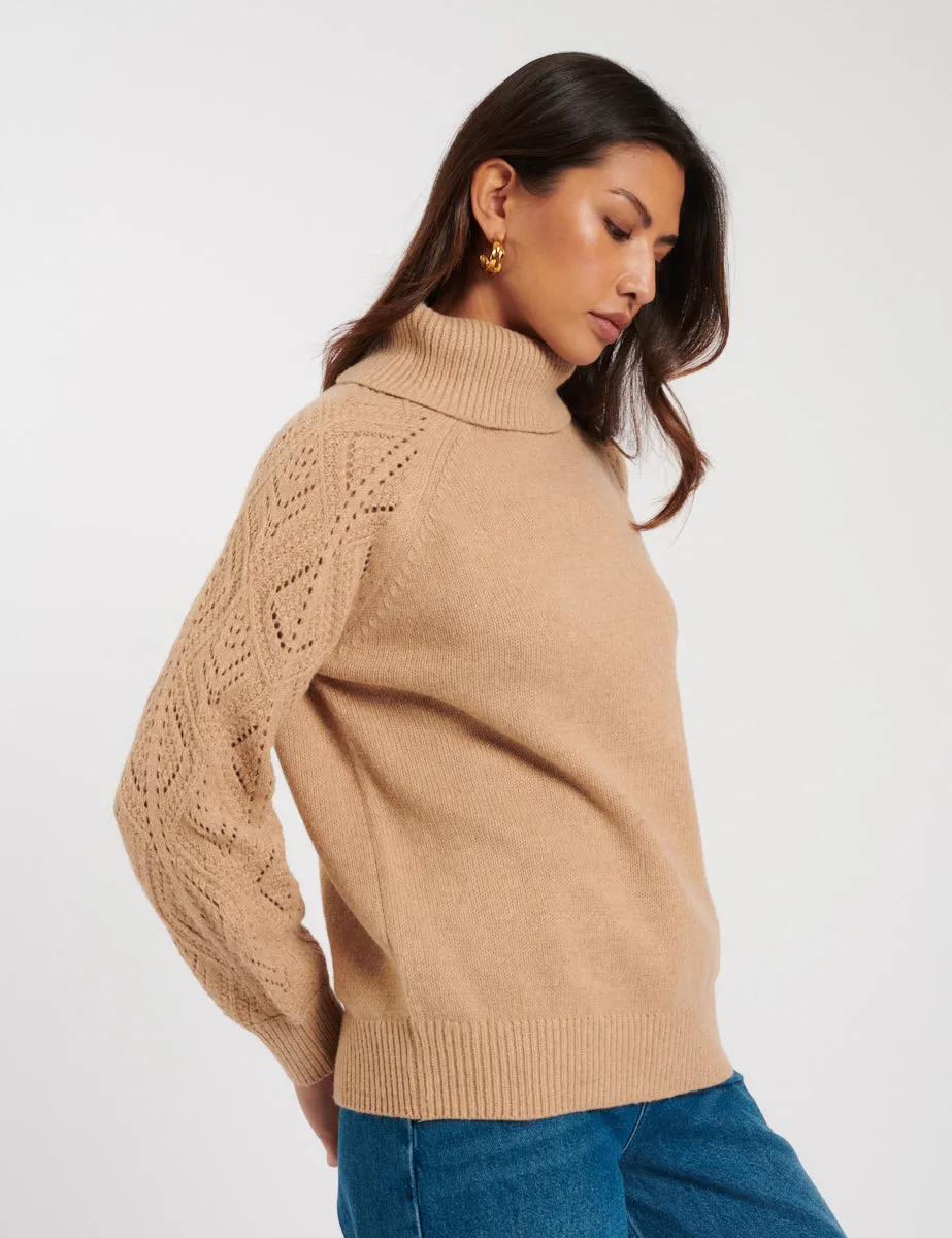 Camel Roll Neck Pointelle Knitted Jumper sold by Nobody's Child product image thumbnail 5