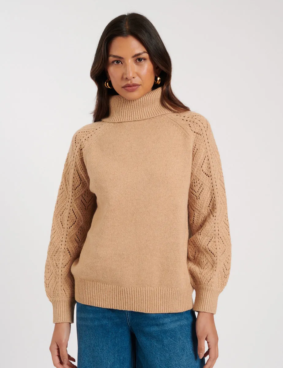Camel Roll Neck Pointelle Knitted Jumper sold by Nobody's Child product image thumbnail 2