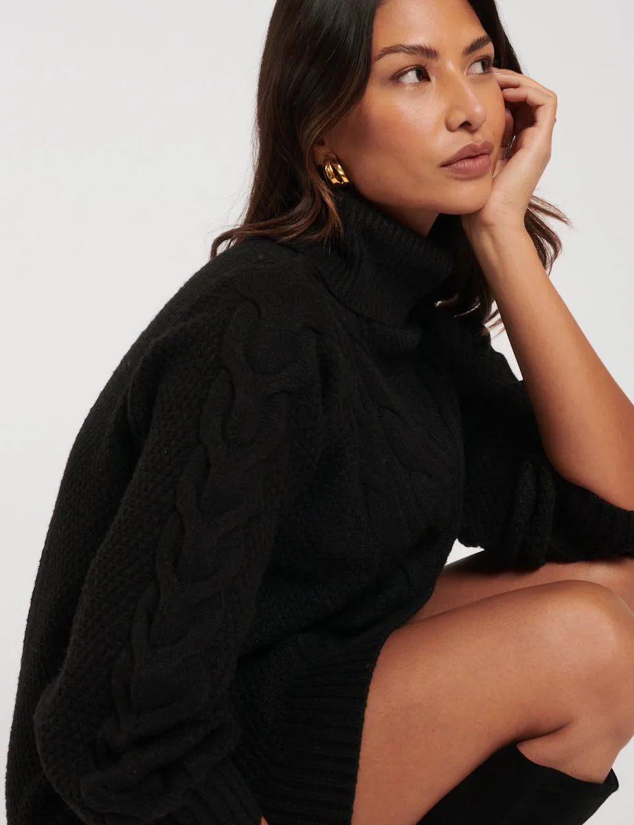 Black Roll Neck Cable Knitted Mini Dress sold by Nobody's Child product image thumbnail 2