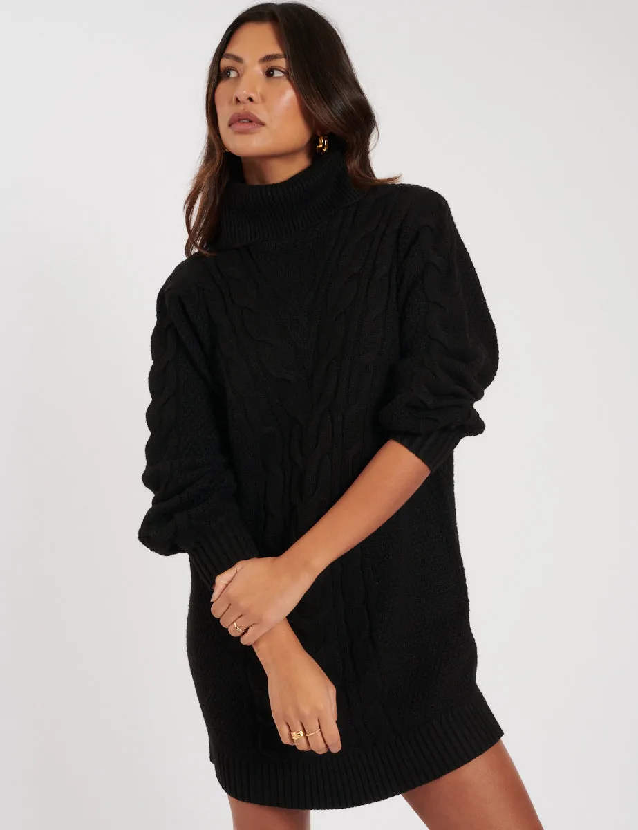 Black Roll Neck Cable Knitted Mini Dress sold by Nobody's Child product image thumbnail 4