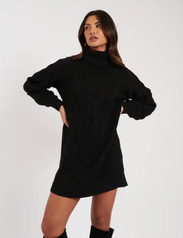 Black Roll Neck Cable Knitted Mini Dress sold by Nobody's Child