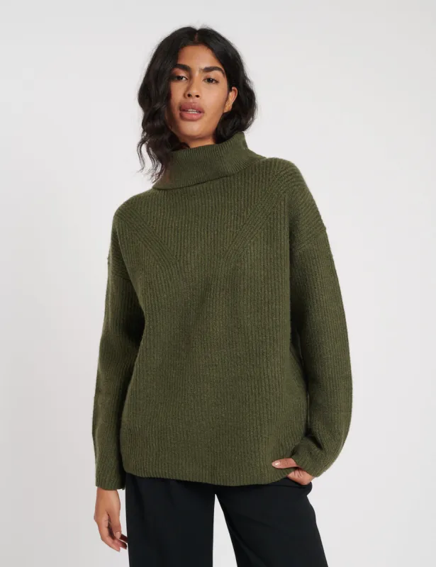Khaki Roll Neck Longline Knitted Jumper sold by Nobody's Child