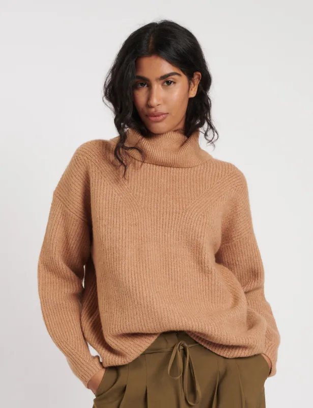 Camel Roll Neck Longline Knitted Jumper sold by Nobody's Child