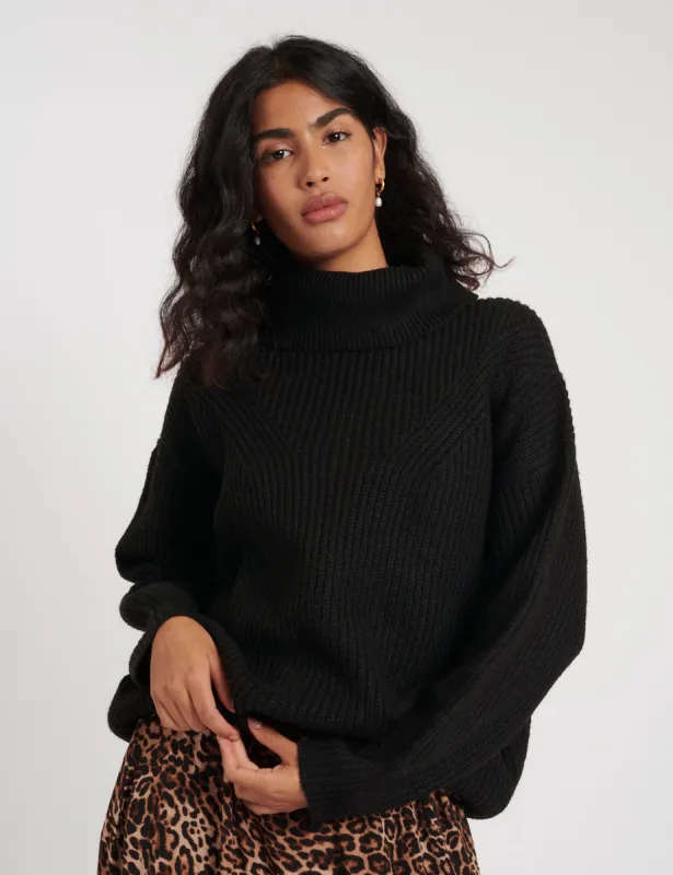 Black Roll Neck Longline Knitted Jumper sold by Nobody's Child