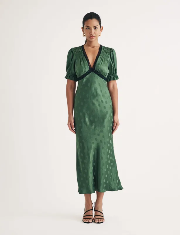 Green jacquard Polka Dot Angela Midi Dress sold by Nobody's Child