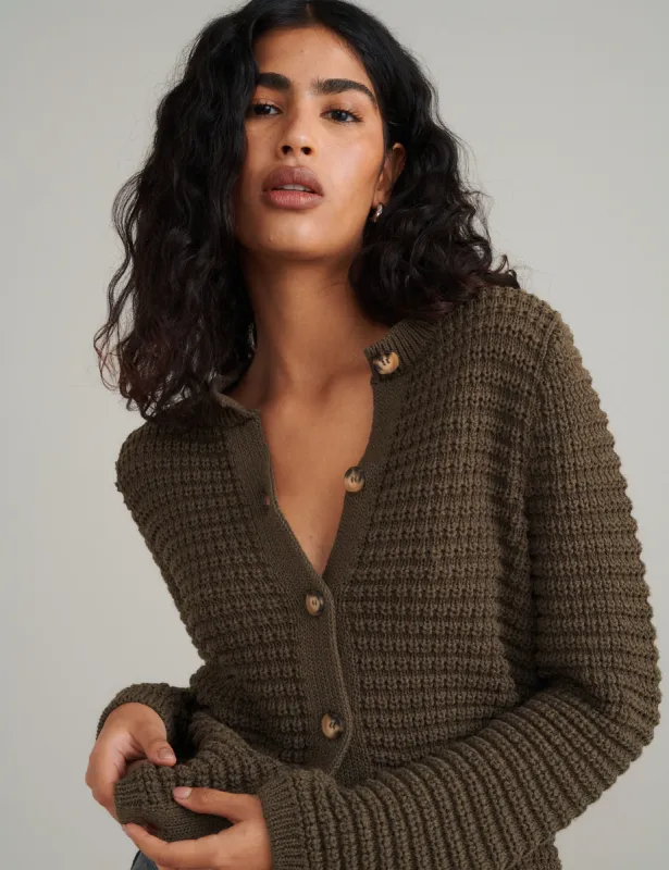 Khaki Textured Knitted Cardigan sold by Nobody's Child