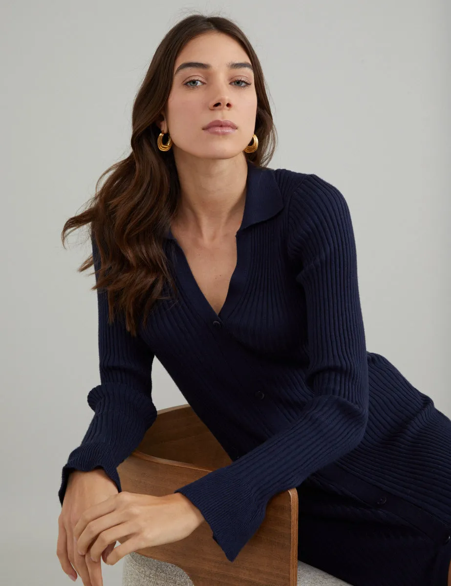 Navy Ribbed Knitted Polo Midi Dress sold by Nobody's Child product image thumbnail 2