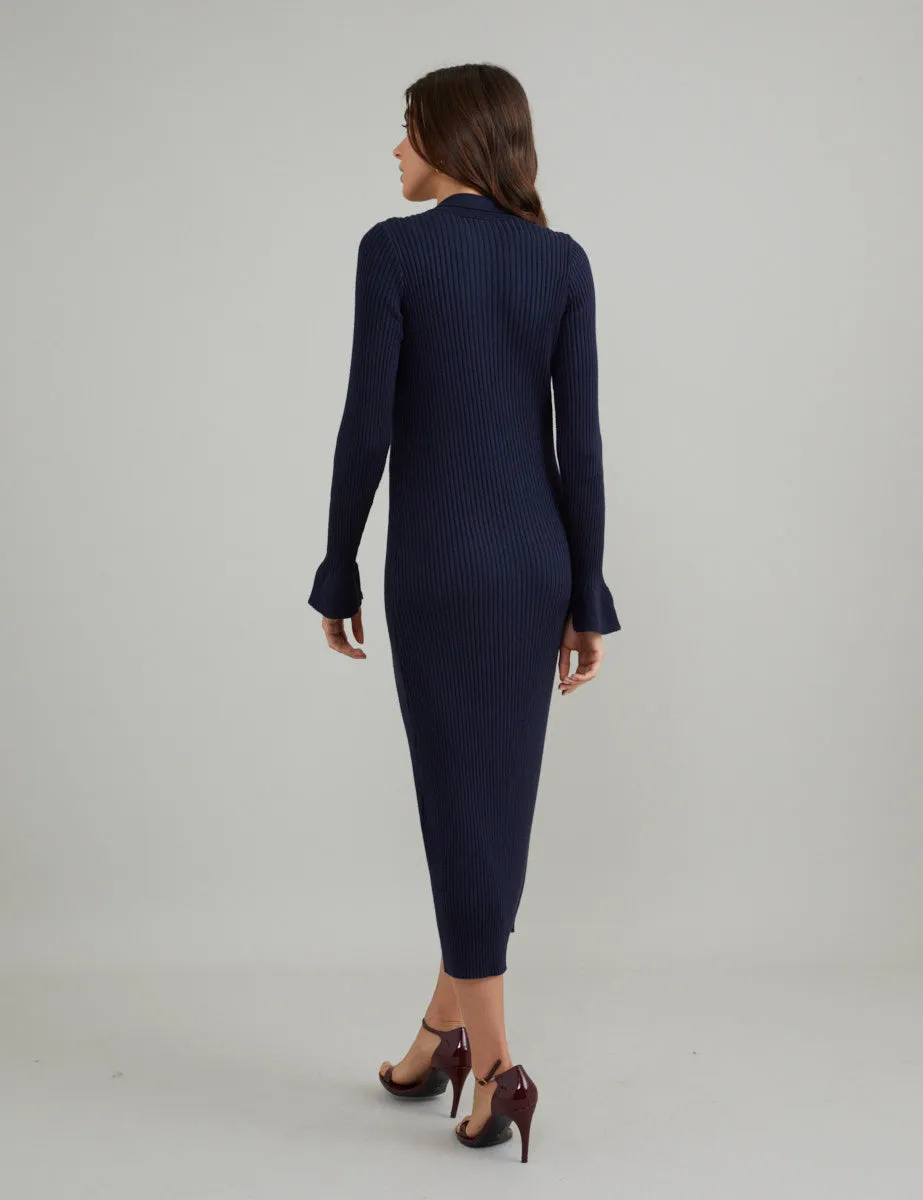 Navy Ribbed Knitted Polo Midi Dress sold by Nobody's Child product image thumbnail 4