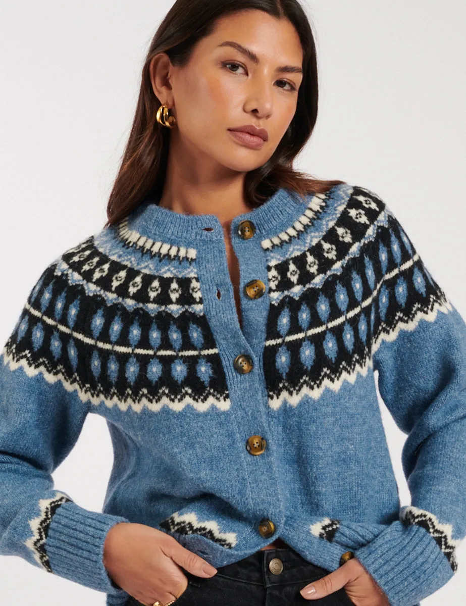 Blue Fair Isle Wool Blend Knitted Cardigan sold by Nobody's Child