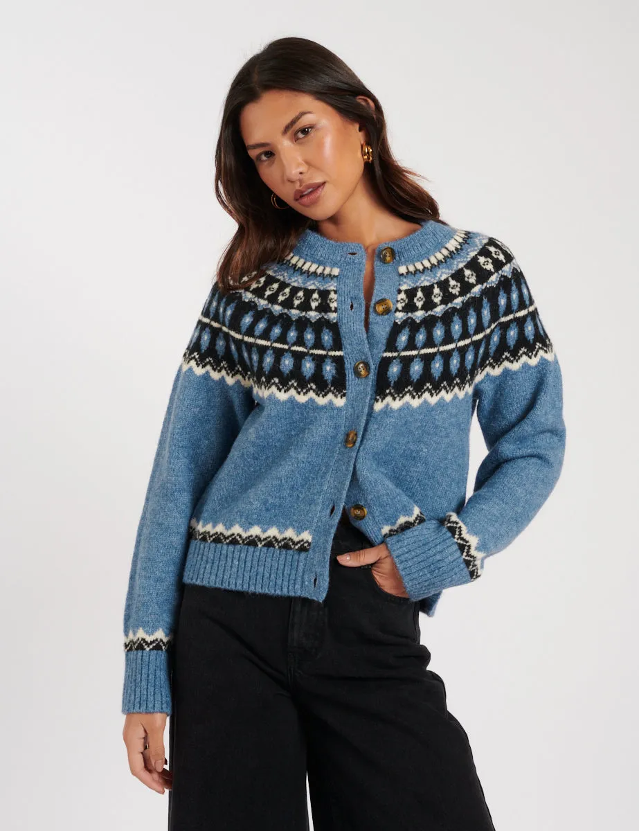 Blue Fair Isle Wool Blend Knitted Cardigan sold by Nobody's Child product image thumbnail 3