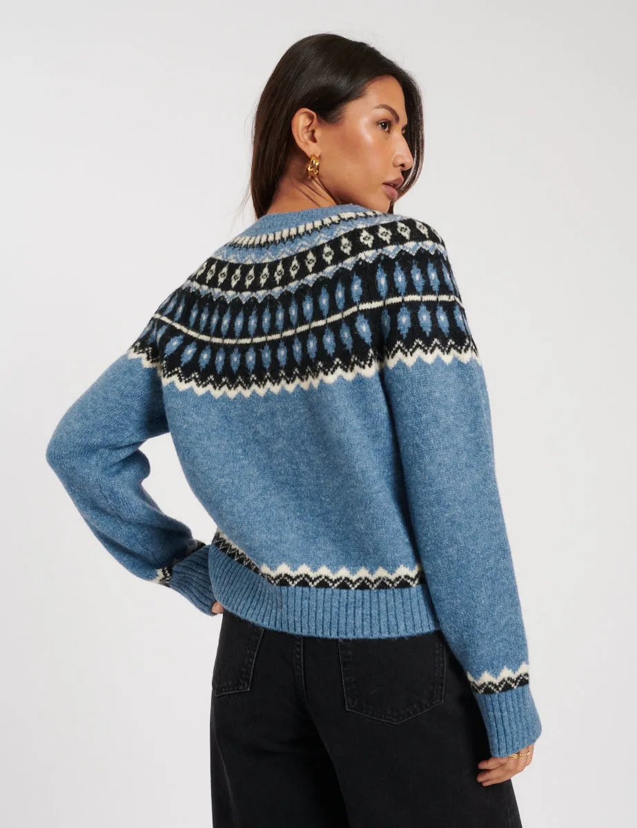 Blue Fair Isle Wool Blend Knitted Cardigan sold by Nobody's Child product image thumbnail 4
