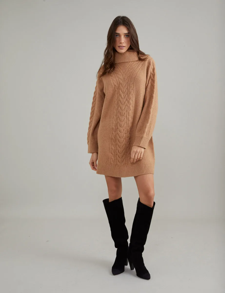 Camel Roll Neck Cable Stitch Mini Jumper Dress sold by Nobody's Child