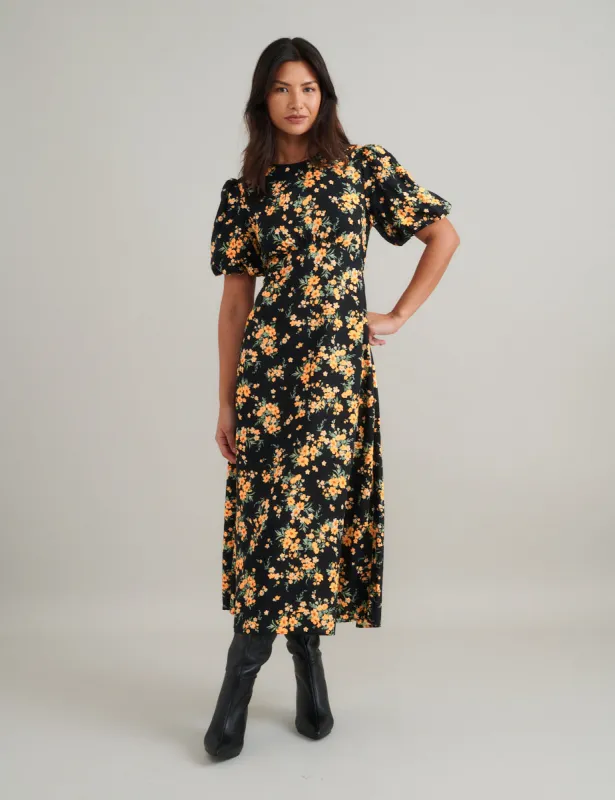 Black Floral Benita Midi Dress sold by Nobody's Child