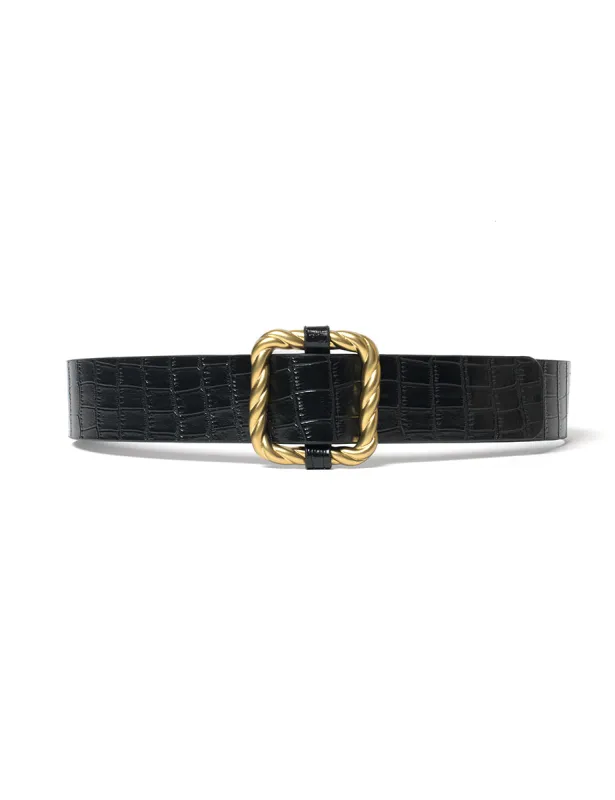 Black Leather Metal Crocodile Belt sold by Nobody's Child