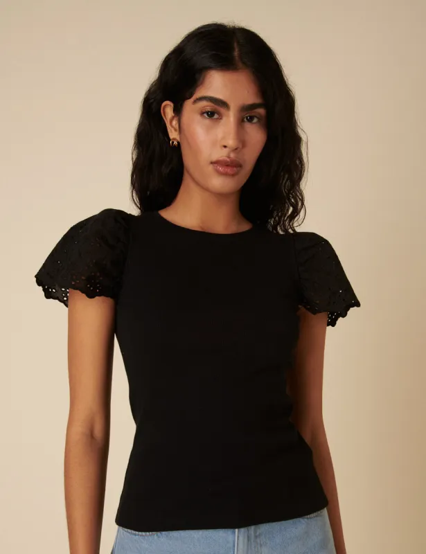 Black Broderie Sleeve Top sold by Nobody's Child