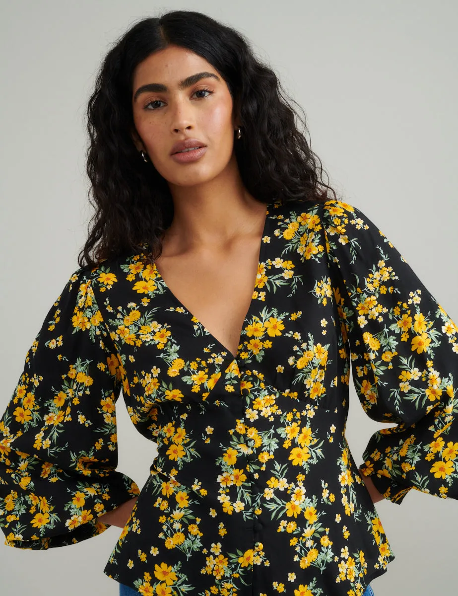 Black Floral V-Neck Blouse sold by Nobody's Child