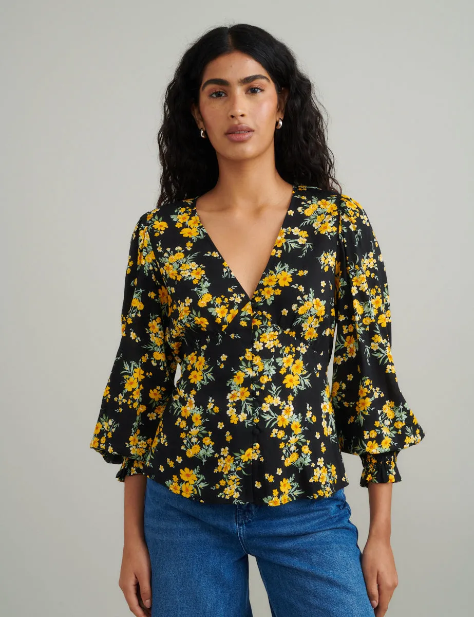 Black Floral V-Neck Blouse sold by Nobody's Child product image thumbnail 3
