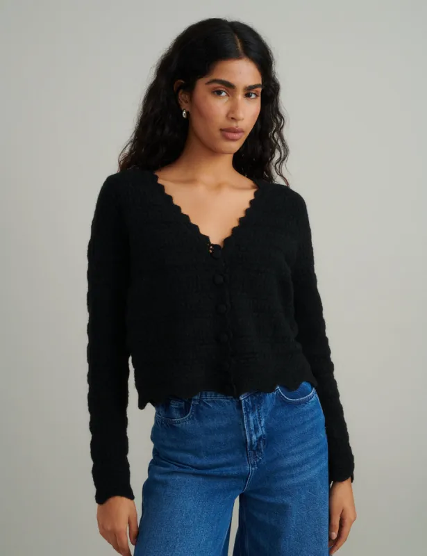 Black Cosy Pointelle Stitch V-neck Cardigan sold by Nobody's Child