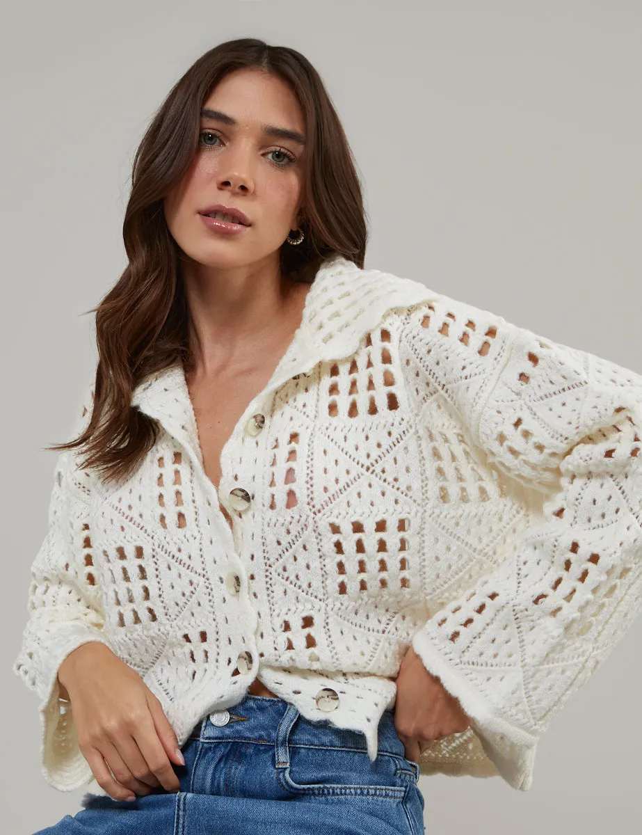 Cream Mock Crochet Collared Cardigan sold by Nobody's Child product image thumbnail 2