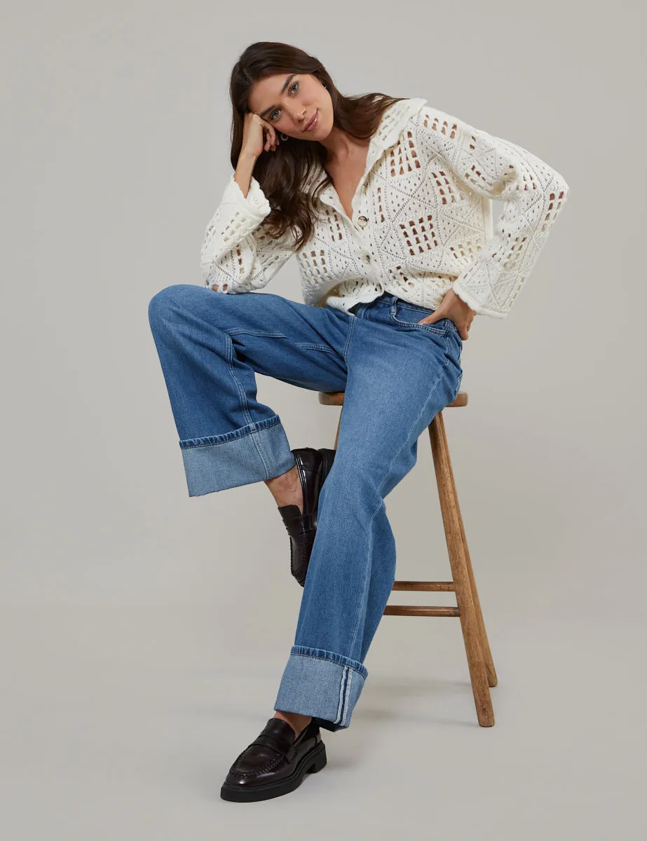 Cream Mock Crochet Collared Cardigan sold by Nobody's Child product image thumbnail 3