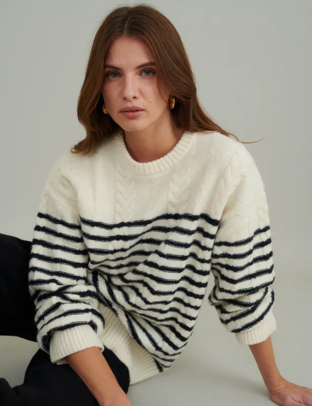 Cream and Black Striped Cable Knitted Jumper sold by Nobody's Child