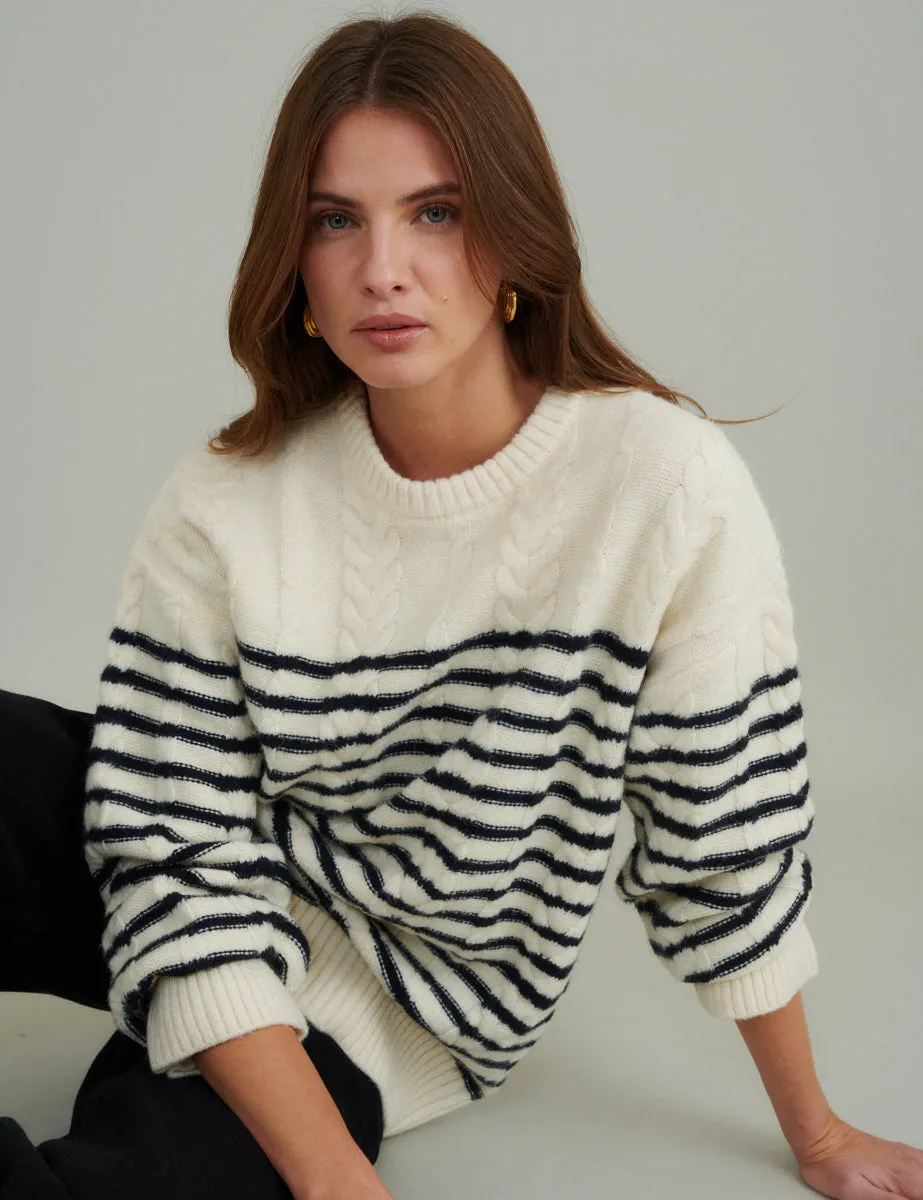 Cream and Black Striped Cable Knitted Jumper sold by Nobody's Child