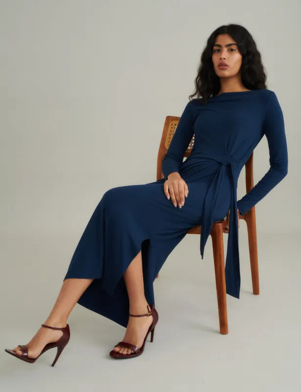 Blue Long Sleeve Tie Waist Dakota Midi Dress sold by Nobody's Child