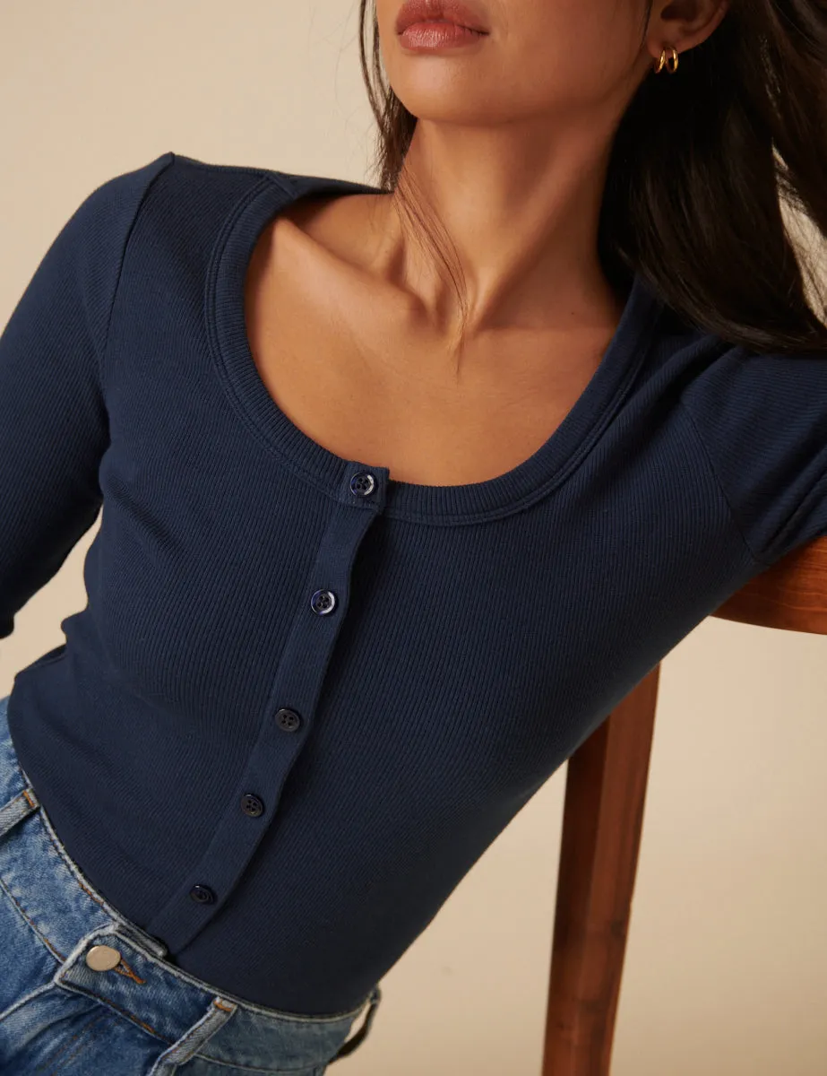 Blue Scoop Neck Button Through Top sold by Nobody's Child