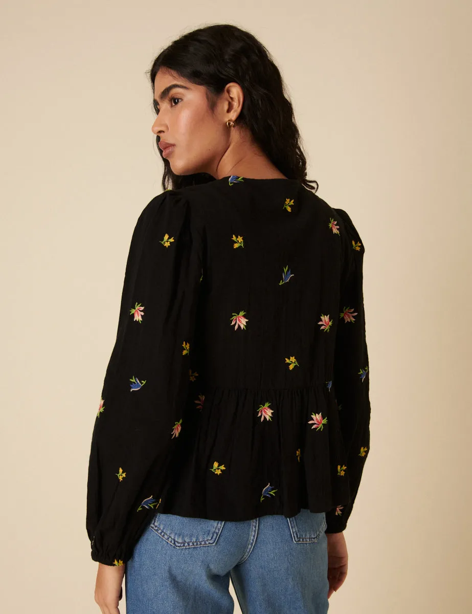 Black Floral Embroidered Tie Front Blouse sold by Nobody's Child product image thumbnail 4