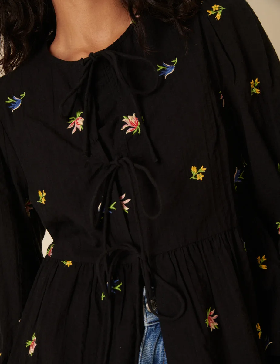 Black Floral Embroidered Tie Front Blouse sold by Nobody's Child product image thumbnail 2