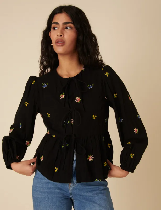 Black Floral Embroidered Tie Front Blouse sold by Nobody's Child