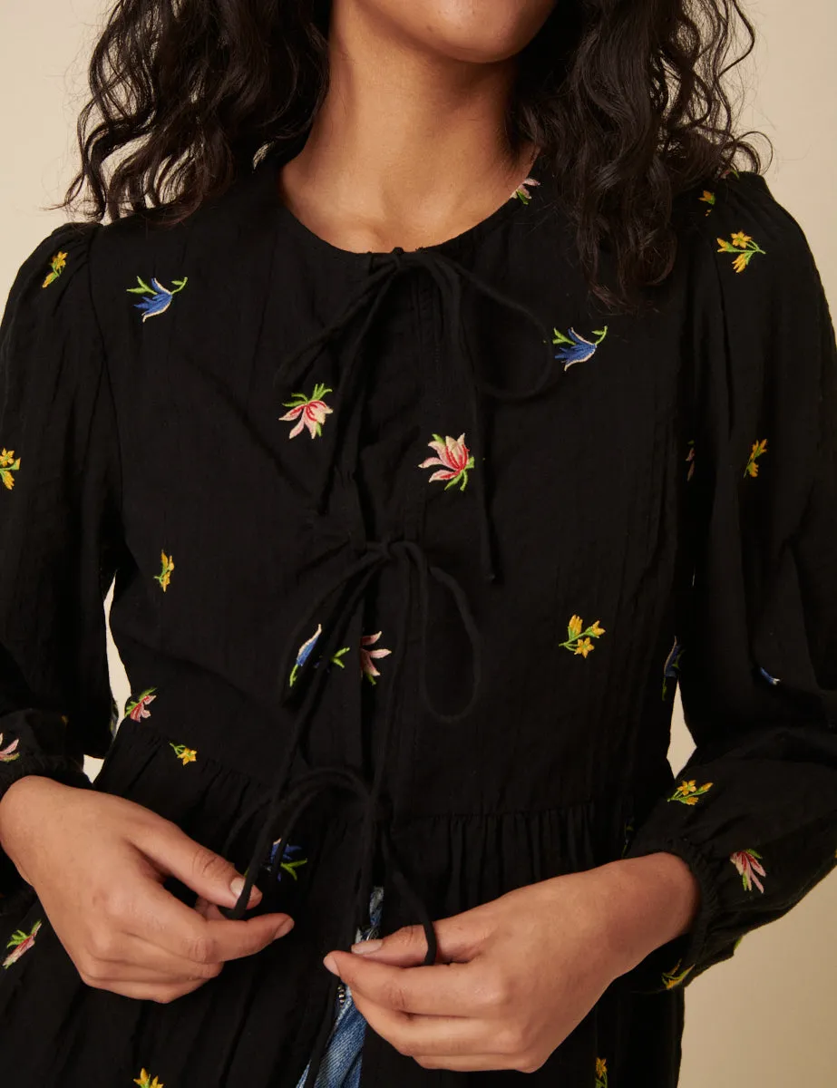 Black Floral Embroidered Tie Front Blouse sold by Nobody's Child product image thumbnail 3
