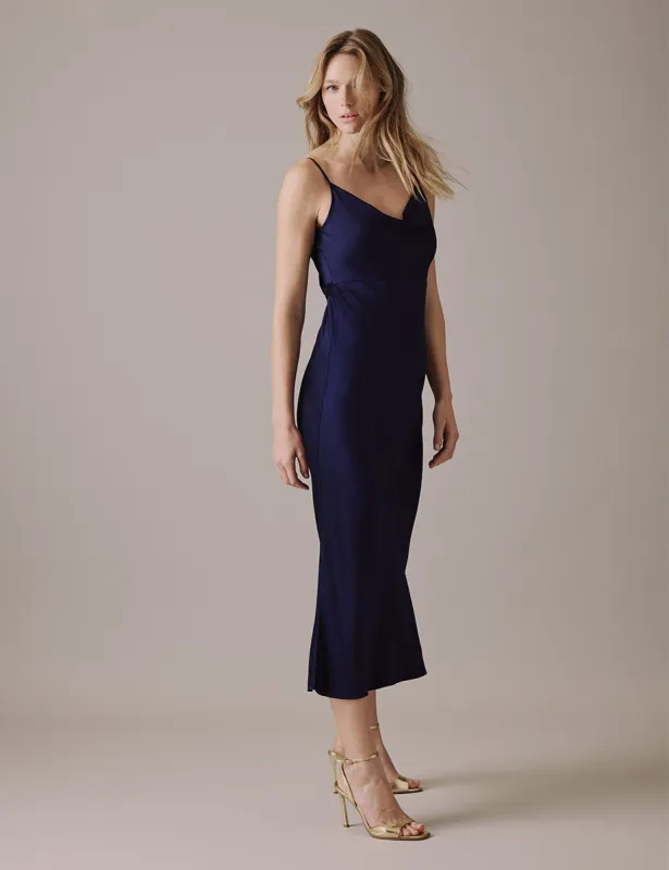 Navy Cowl Neck Midi Trixie Dress sold by Nobody's Child