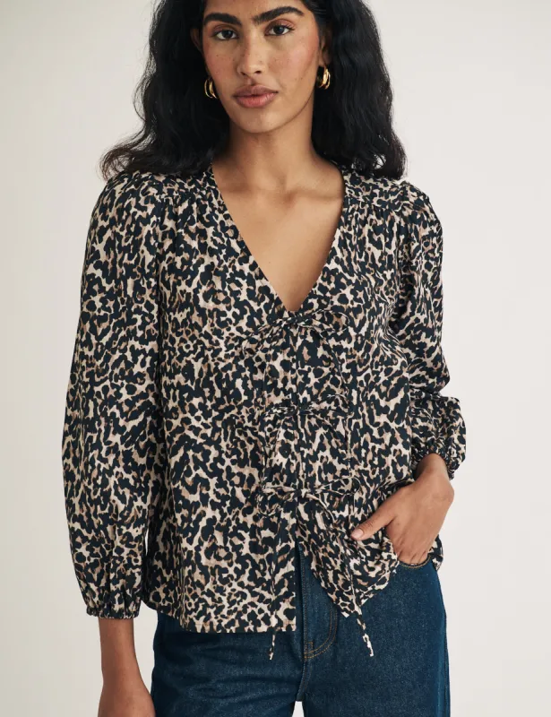 Leopard Print Tie Front Long Sleeve Bernadetta Top sold by Nobody's Child