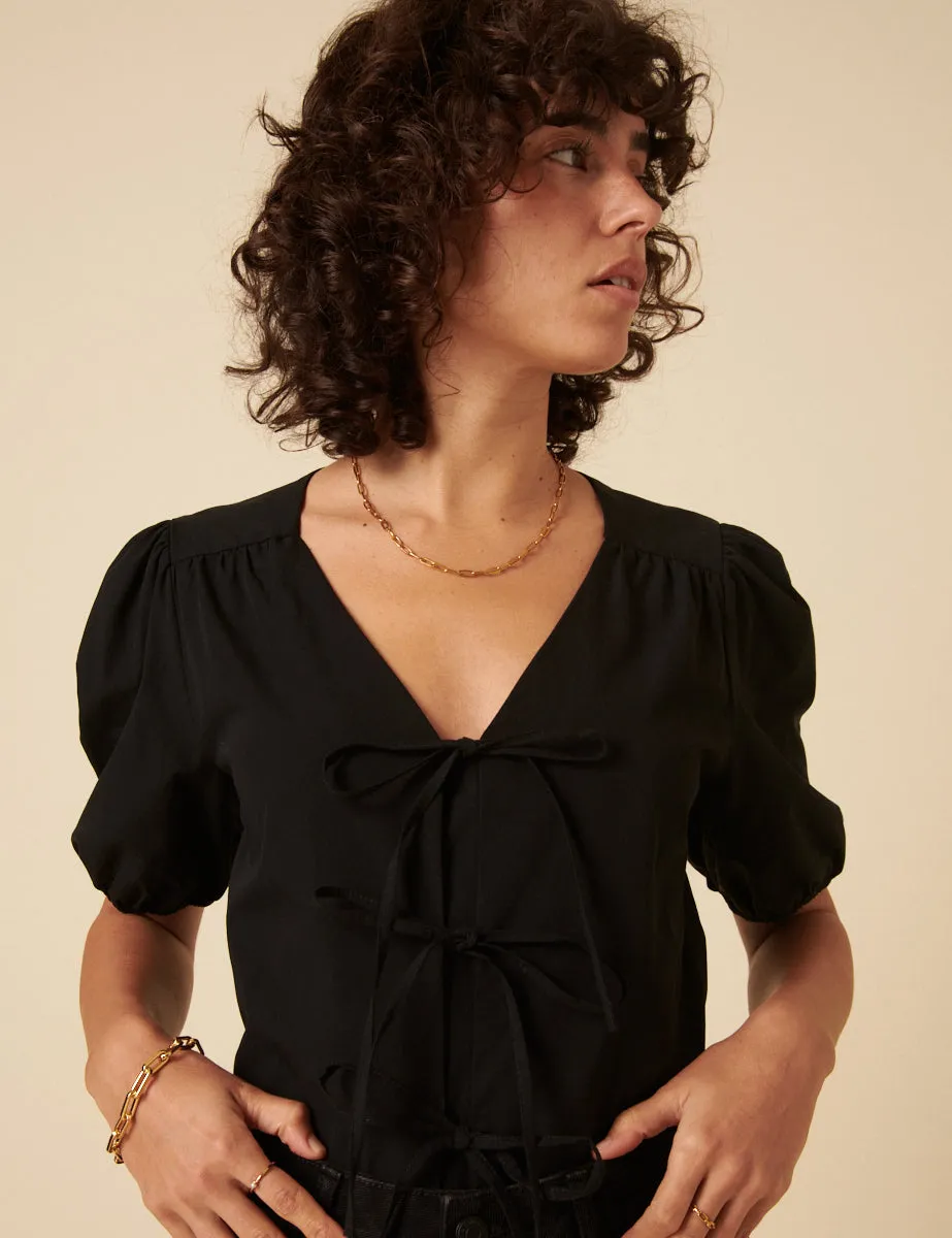 Black Tie-Front Bernadetta Blouse sold by Nobody's Child product image thumbnail 2