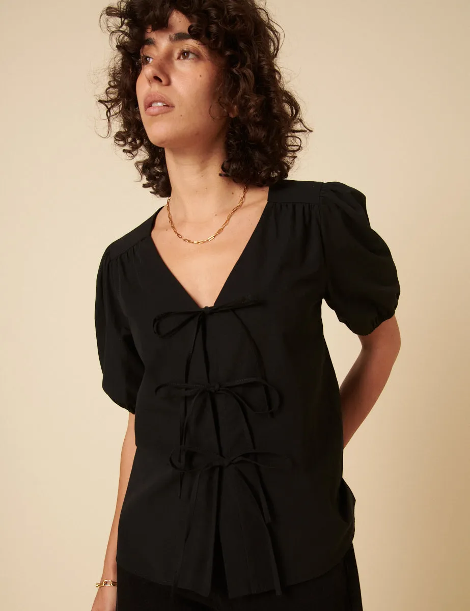 Black Tie-Front Bernadetta Blouse sold by Nobody's Child