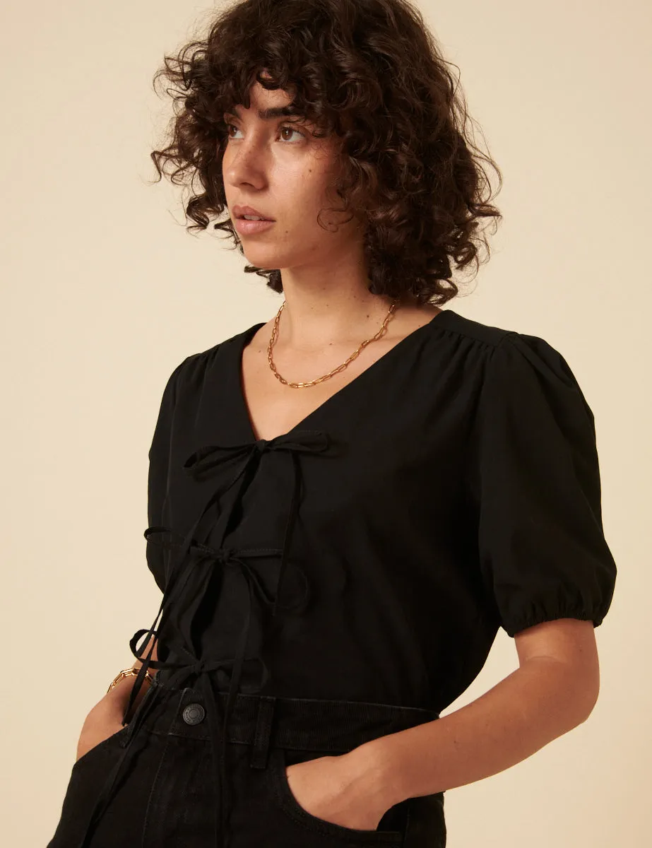 Black Tie-Front Bernadetta Blouse sold by Nobody's Child product image thumbnail 3