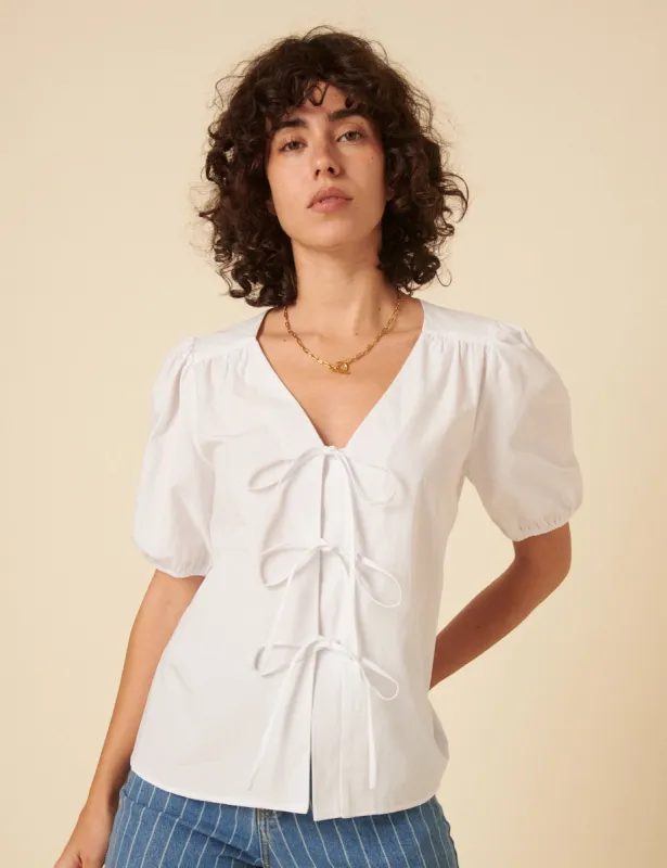 White Tie-Front Bernadetta Blouse sold by Nobody's Child