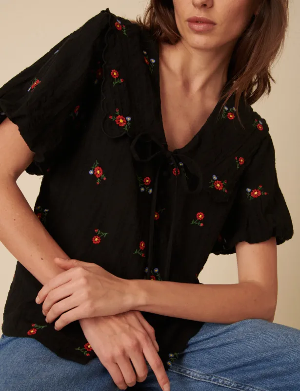 Black Floral Embroidered Tie-Front Birdie Blouse sold by Nobody's Child