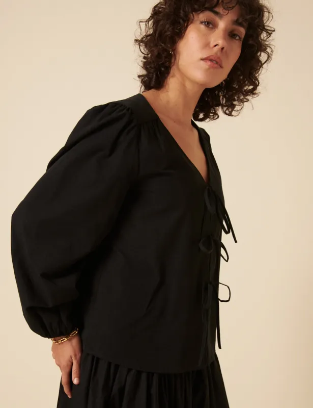 Black Tie-Front Long Sleeve Bernadetta Blouse sold by Nobody's Child