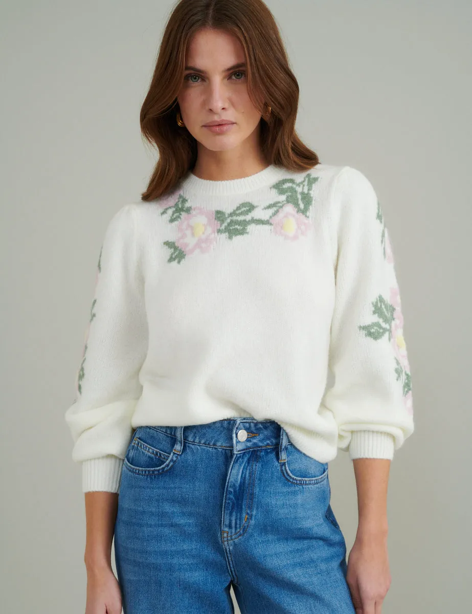 Cream Floral Crew Neck Knitted Jumper sold by Nobody's Child product image thumbnail 2