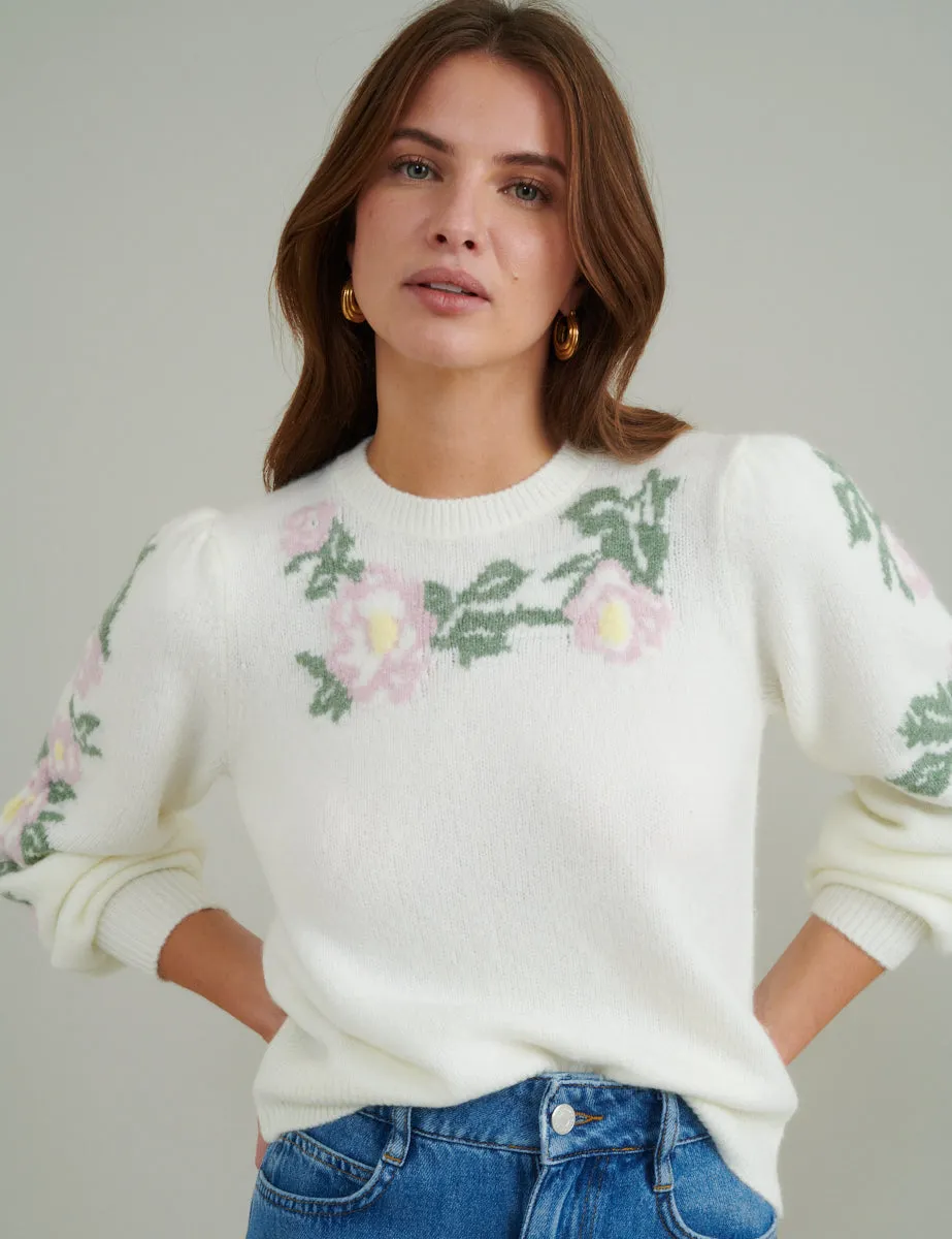 Cream Floral Crew Neck Knitted Jumper sold by Nobody's Child product image thumbnail 4