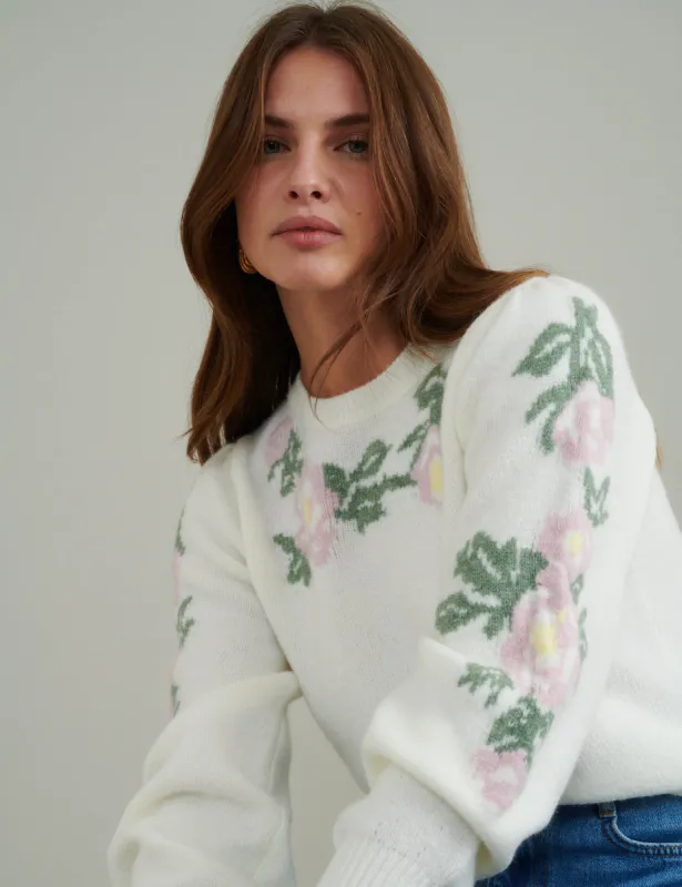 Cream Floral Crew Neck Knitted Jumper sold by Nobody's Child