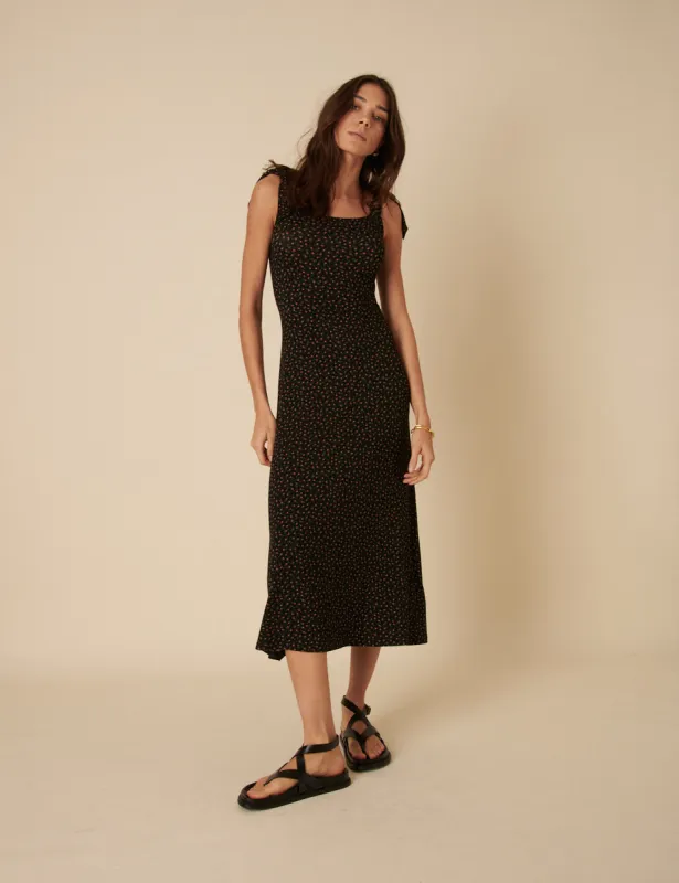 Black Ditsy Floral Adrian Midi Dress sold by Nobody's Child
