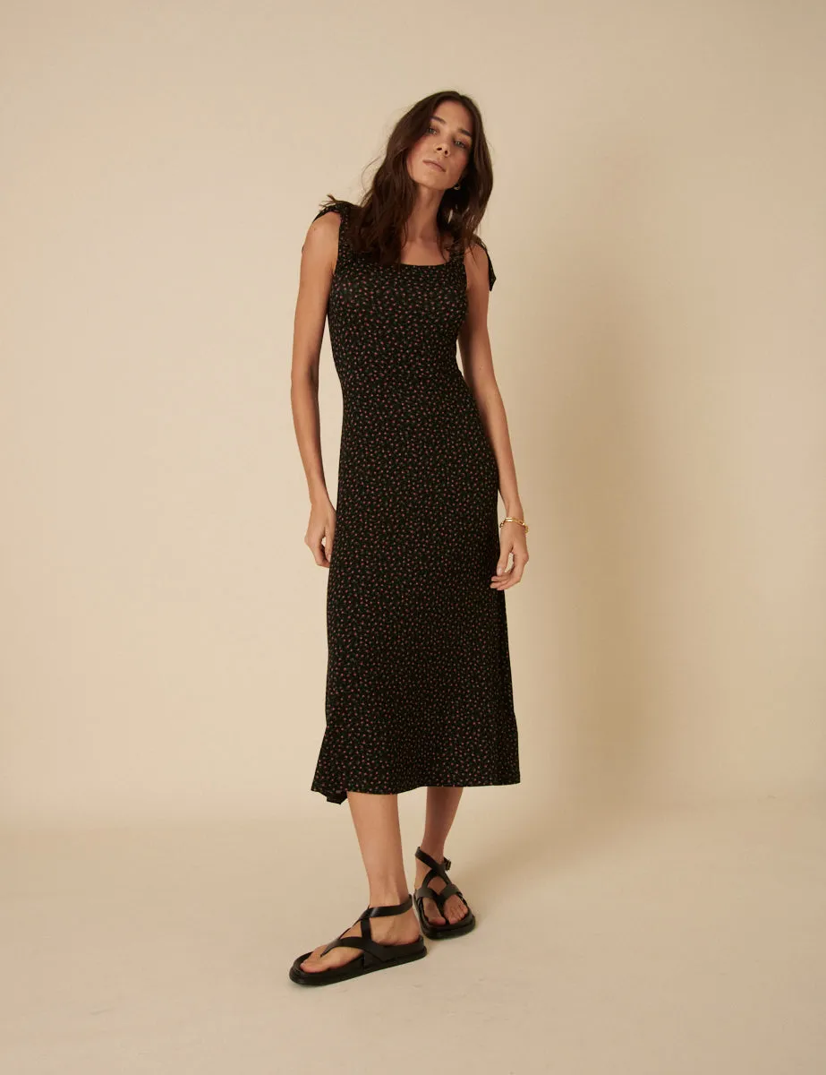 Black Ditsy Floral Adrian Midi Dress sold by Nobody's Child